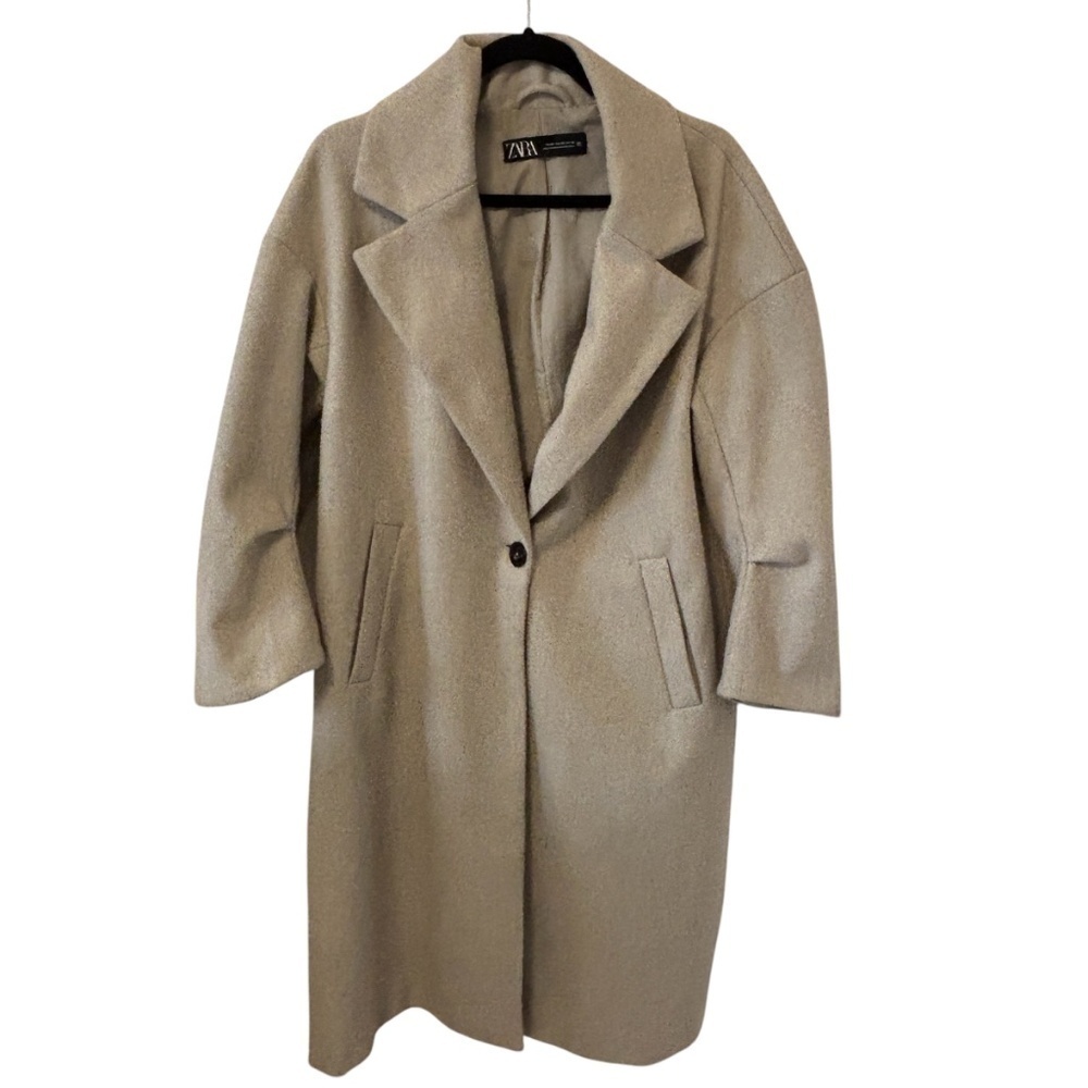 Zara Tan Long Pea Coat Oversized One Button Neutral XS - Picture 4 of 13
